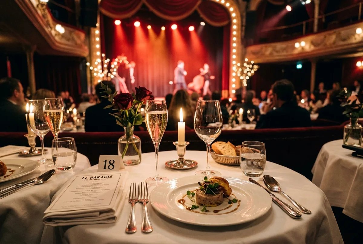 Elegant table set for a cabaret dinner show in Paris, white tablecloth, champagne glasses and a three course plate, soft red stage lighting glowing in the background, cabaret dinner shows in paris table setting