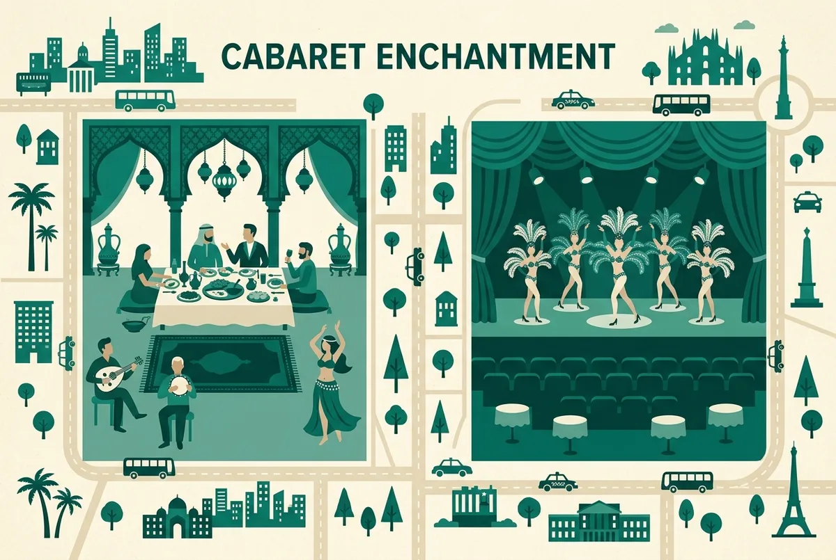 Infographie simple de style plat comparant une salle de cabaret oriental avec table de dîner et musiciens, et une salle de revue de cabaret classique avec scène et costumes, icônes génériques sans texte de prix