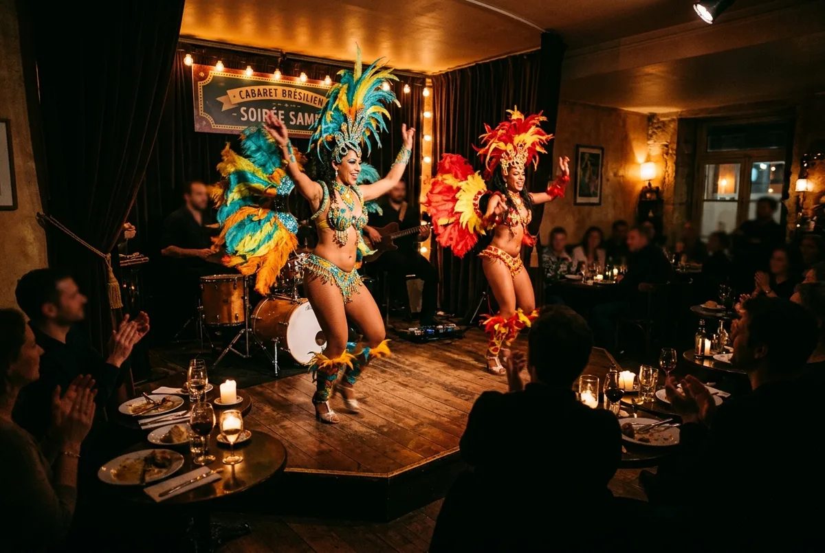 Danseuses de samba en costumes à plumes colorés sur une petite scène de cabaret brésilien à paris, ambiance de dîner spectacle latino-brésilien en soirée