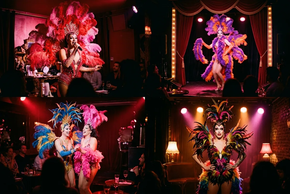 Montage visuel de quatre petites scènes de cabaret drag à pigalle paris avec artistes en costumes à plumes colorés sous éclairage rouge et rose tamisé, ambiance nocturne de quartier, cabaret transformiste paris vue d'ensemble