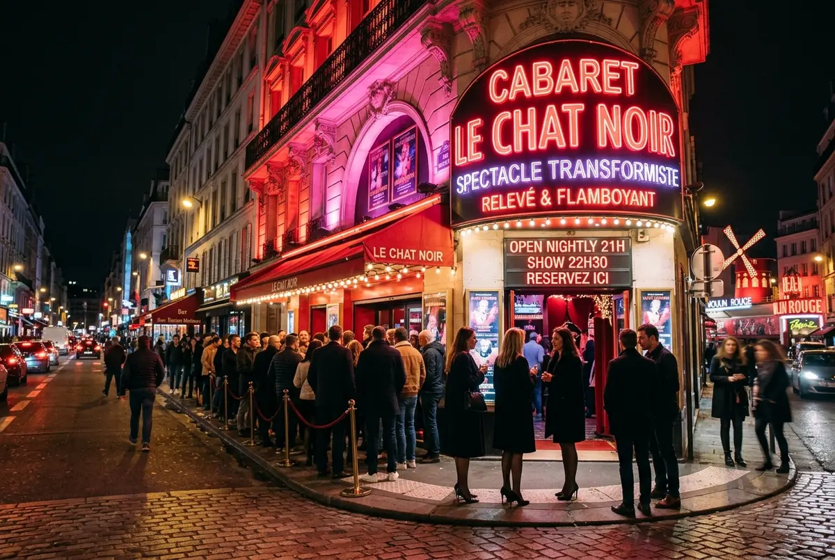 Façade de cabaret illuminée en rouge et rose à Pigalle Paris la nuit avec enseigne lumineuse générique et public attendant à l'entrée, ambiance de soirée transformiste, cabaret transformiste paris façade nocturne