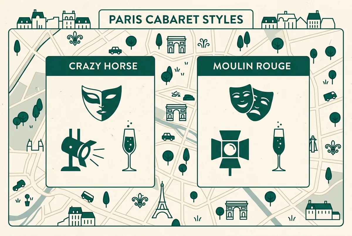 Simple flat-style infographic comparing two Paris cabaret styles side by side, generic icons for a theater mask, a lighting spotlight and a champagne glass, labeled only Crazy Horse and Moulin Rouge, no prices or statistics, paris cabaret style comparison