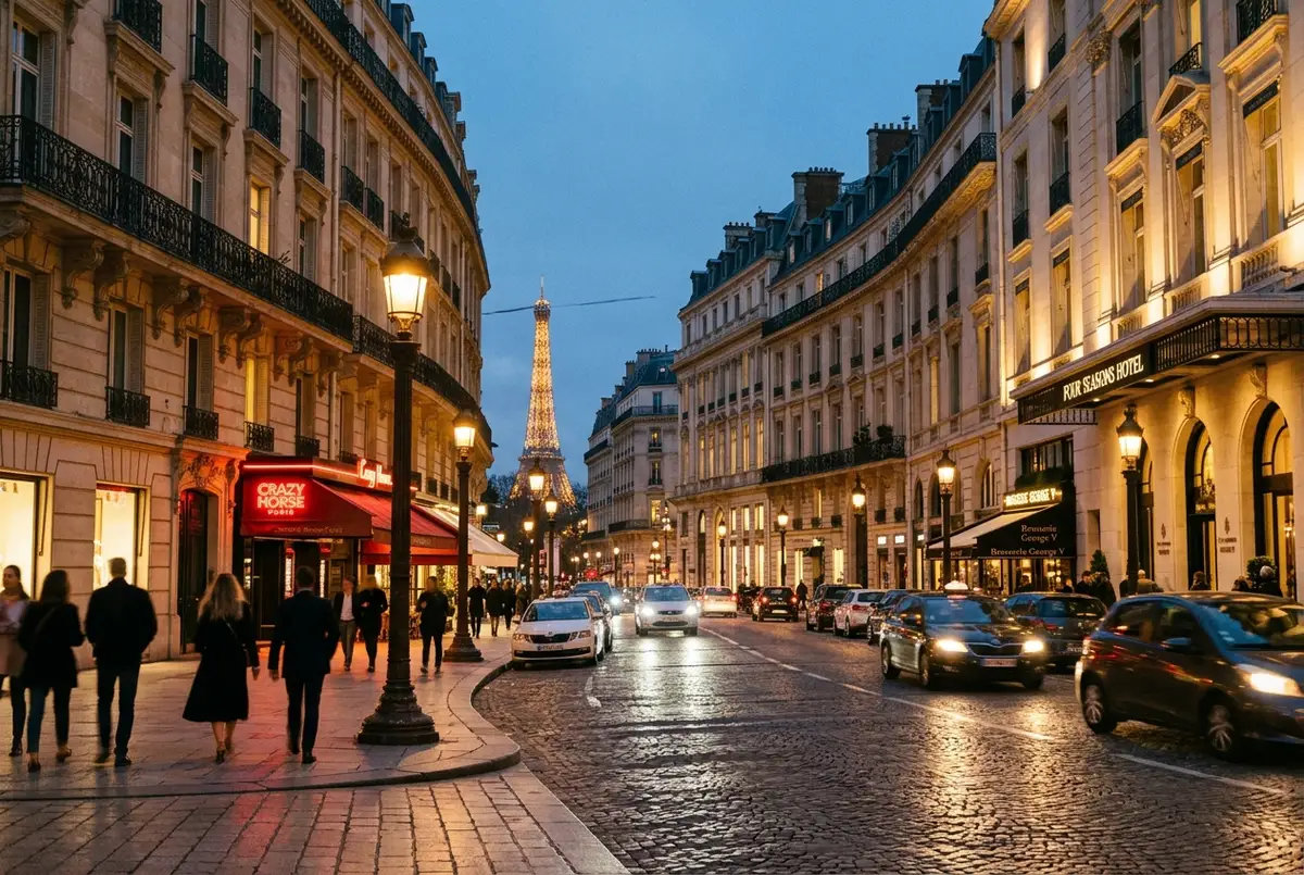Elegant Avenue George V street scene near the Champs-Elysees in Paris at dusk, upscale buildings and warm streetlights, crazy horse paris neighborhood location atmosphere
