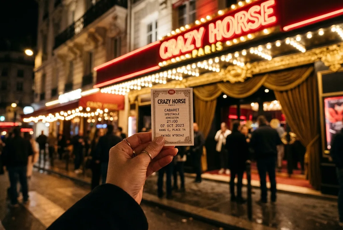 Close-up of a hand holding a paper cabaret ticket outside a Paris theater entrance at night, warm marquee glow in the background, crazy horse paris tickets booking moment