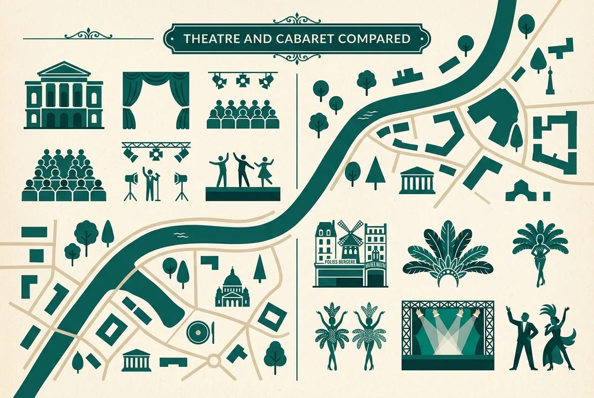 Infographie simple de style plat comparant une salle de théâtre-variétés et une salle de revue de cabaret costumée, icônes génériques de scène et de costumes sans texte de prix, folies bergère paris repère visuel de genre