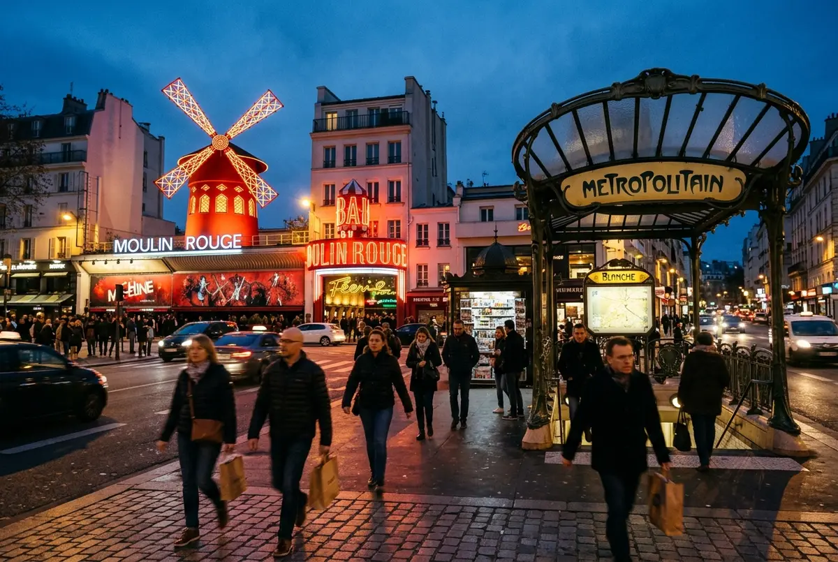 Blanche metro station entrance beside the illuminated Moulin Rouge windmill facade in Montmartre Paris at dusk, travelers walking toward the venue, how to get to the moulin rouge