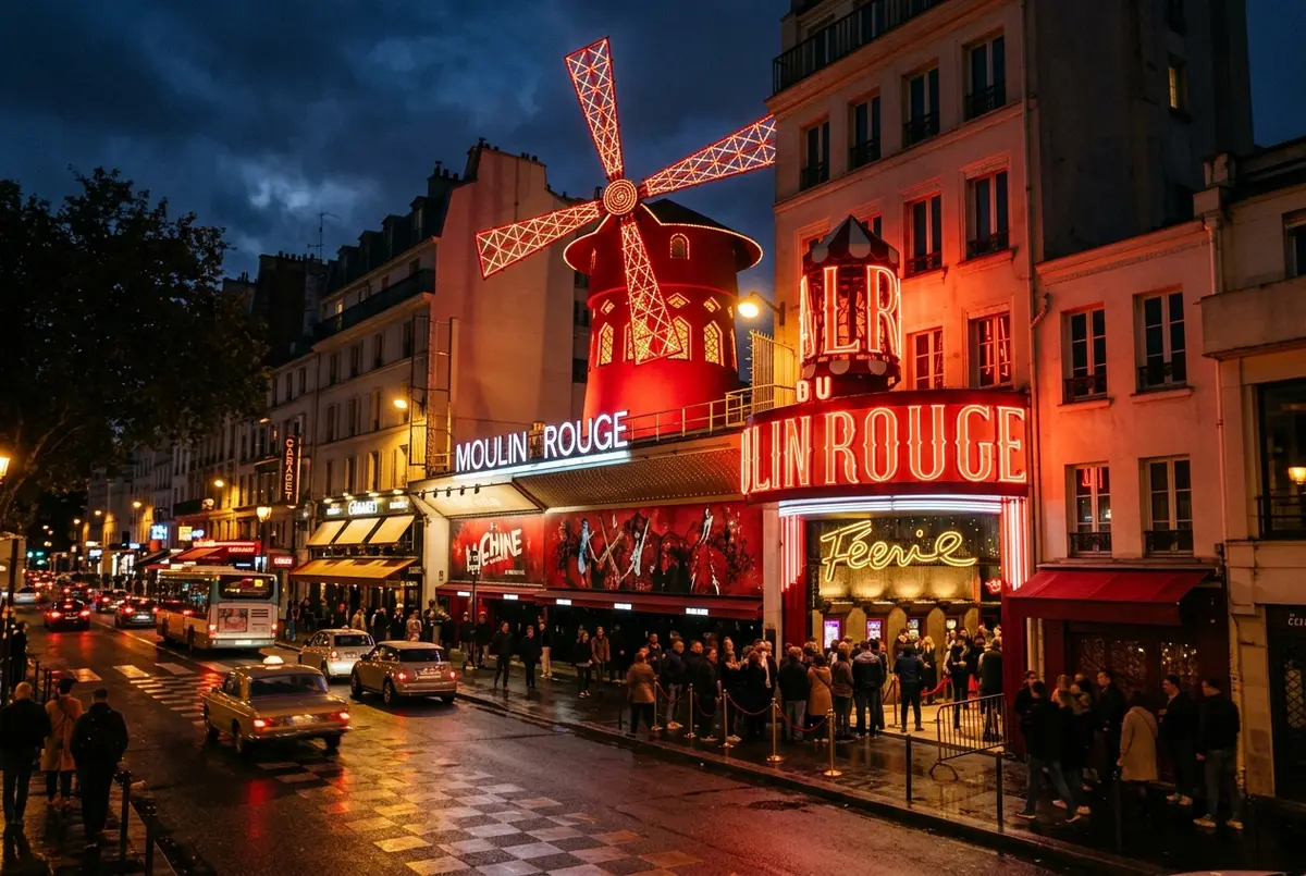 Moulin Rouge tickets concept: the red windmill facade lit up at night in Montmartre, Paris