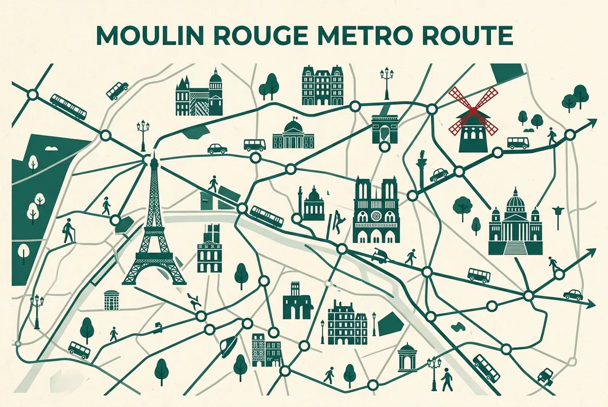 Map graphic showing how to reach the Moulin Rouge from central Paris by metro, for visitors comparing Moulin Rouge tickets