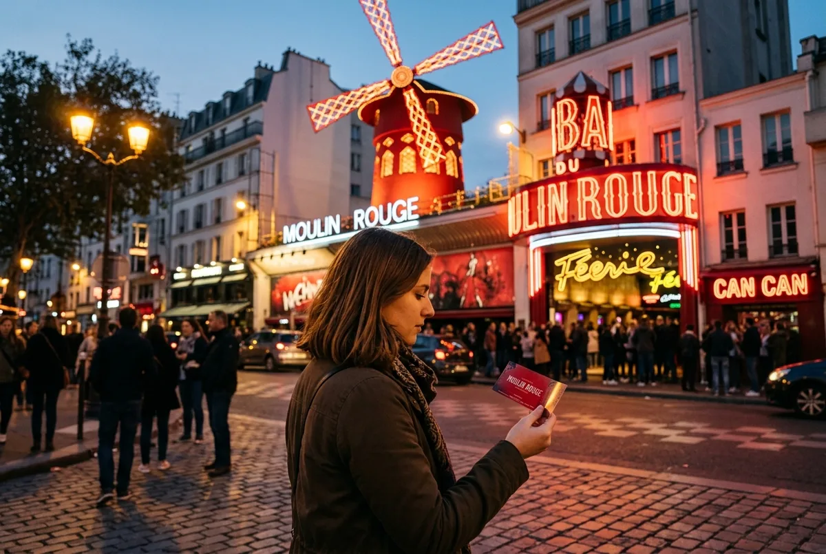 Visitor weighing a ticket in hand outside the illuminated Moulin Rouge windmill at dusk, thoughtful expression, warm Montmartre street lights, is the moulin rouge worth it decision moment
