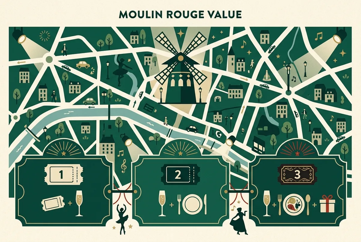 Simple flat-style infographic comparing cost against what you get at each Moulin Rouge ticket tier, generic icons for a ticket, a meal plate and a champagne glass, no prices or numbers, is the moulin rouge worth it value comparison