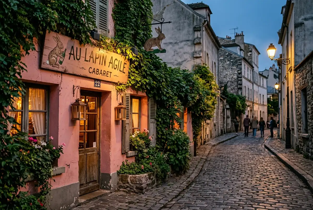 Small ivy-covered pink cabaret building with a rabbit sign on a quiet Montmartre side street in Paris at dusk, lapin agile paris historic facade