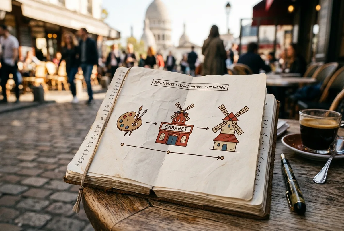 Simple flat-style illustrated timeline graphic showing a small cabaret building icon, an artist's palette icon and a windmill icon connecting Montmartre's early artist era to its cabaret history, no place names or dates in the image text, montmartre cabaret history illustration