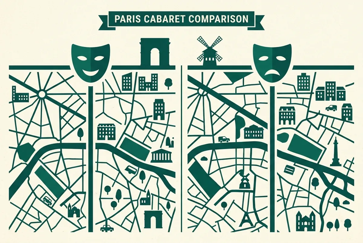 Einfache, flach gestaltete Paris-Stadtkarten-Infografik mit zwei markierten Kabarett-Standorten, ein Pin nahe einer Prachtstraße und ein Pin in einem Künstlerviertel, nur mit generischen Gebäude-Icons beschriftet, ohne Namen, Preise oder Statistiken, lido paris tickets lage im stadtplan