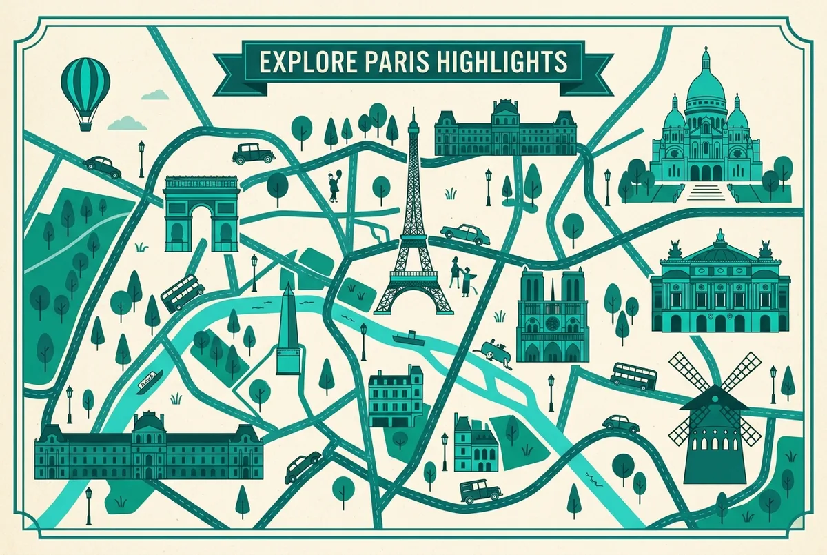 illustrated map of Paris highlights for Madame Arthur ou Moulin Rouge : Quel Spectacle Choisir ?, madame arthur ou moulin rouge
