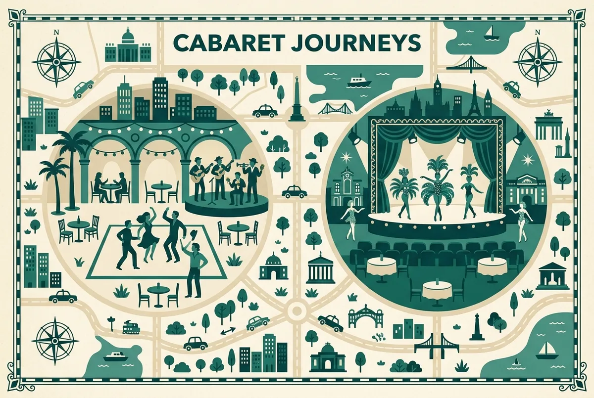 Infographie simple de style plat comparant une salle de restaurant-cabaret latino avec piste de danse et musiciens, et une salle de revue de cabaret classique avec scène et costumes, icônes génériques sans texte de prix