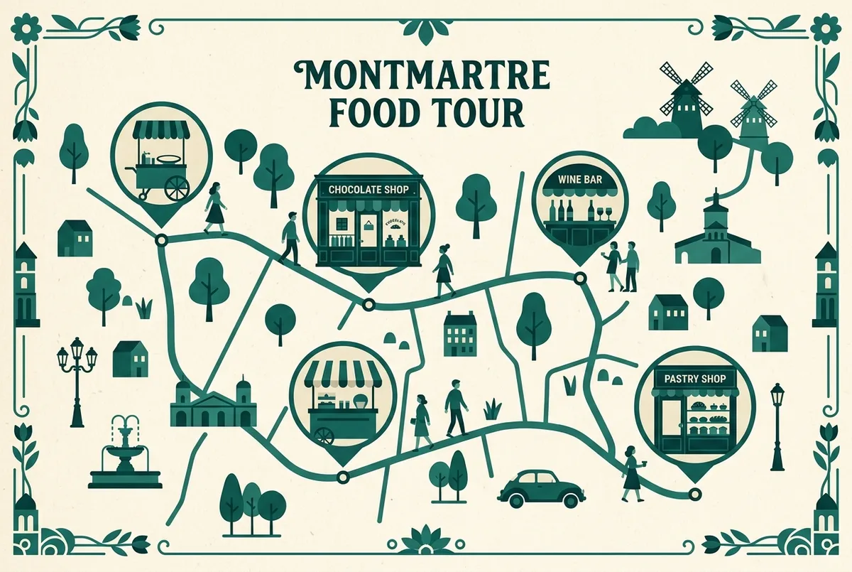 Simple flat-style illustrated map of a Montmartre food tour route with generic icons for a crepe stand, a chocolate shop, a wine bar and a pastry shop, no place names or prices in the image text, montmartre food tour route illustration