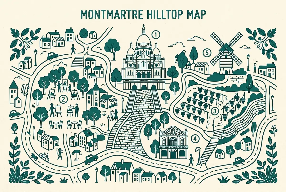 Simple flat-style illustrated map of a hilltop Paris neighborhood with numbered icons for a basilica, an artist square, a vineyard, a small cabaret and a windmill, generic line-art style, no place names or prices in the image text, montmartre attractions map illustration