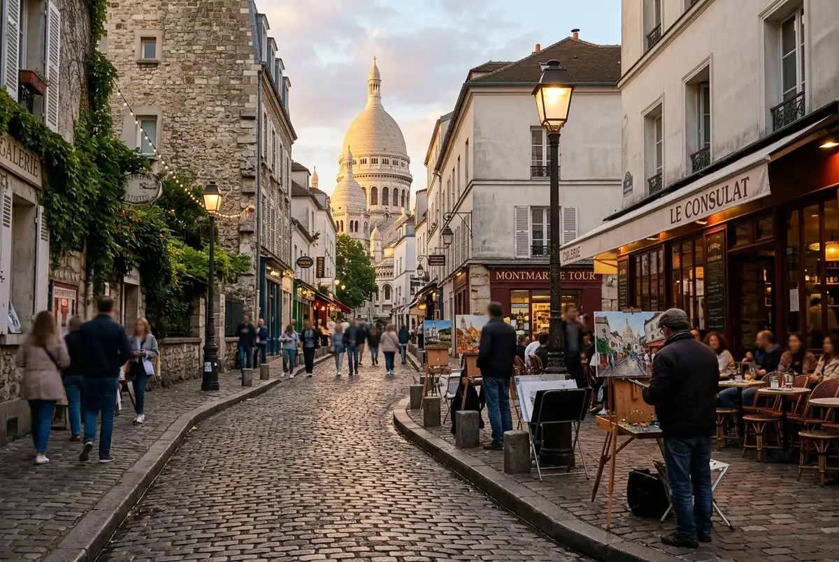Cobbled hilltop street in Montmartre Paris at golden hour, artists easels set up near a cafe terrace, Sacre-Coeur basilica dome visible in the distance, montmartre tour street scene