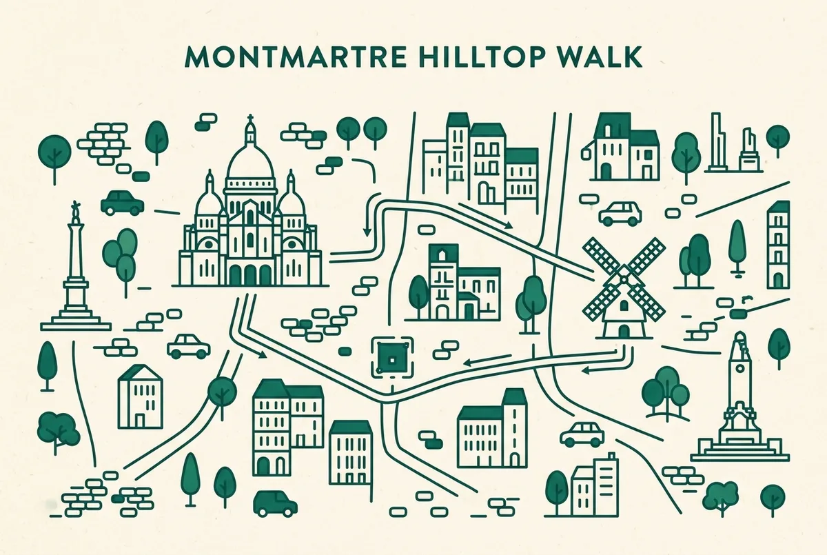 Simple flat-style illustrated map of a hilltop Paris neighborhood showing a walking route between a basilica icon, a small square icon and a windmill icon, generic line-art style, no place names, prices or statistics in the image text, montmartre walking route map illustration