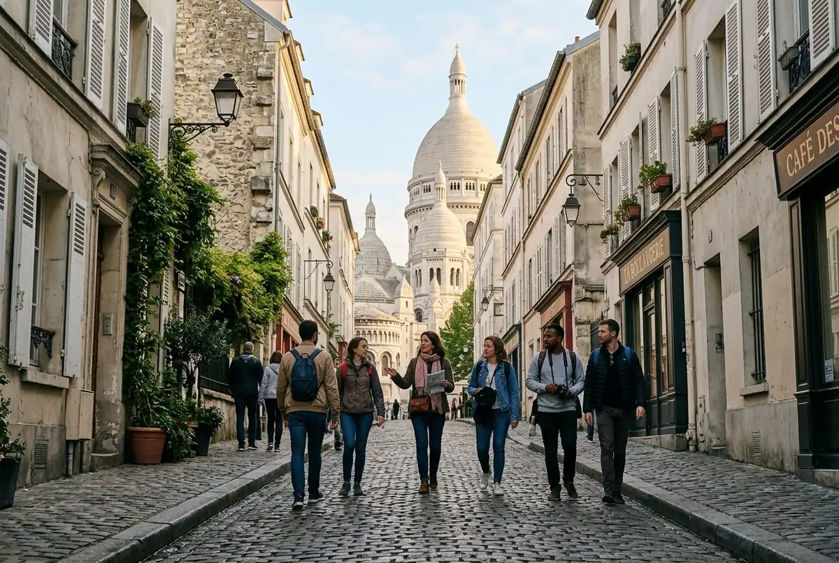 Small group of travelers walking uphill on a cobbled Montmartre street in Paris following a local guide, Sacre-Coeur basilica visible ahead in soft morning light, montmartre walking tour group scene