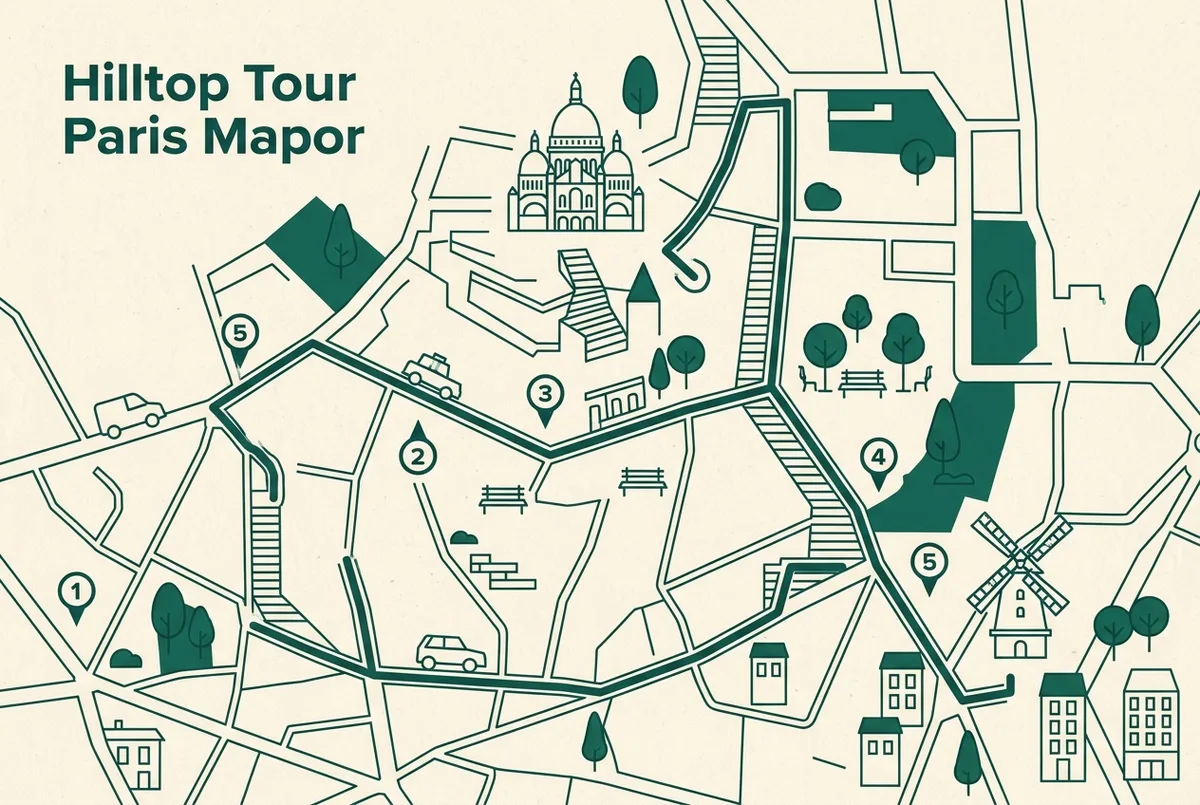Simple flat-style illustrated walking route map through a hilltop Paris neighborhood with numbered stops, generic line-art icons for a basilica, a small square and a windmill, no place names, prices or statistics in the image text, montmartre walking tour route map illustration