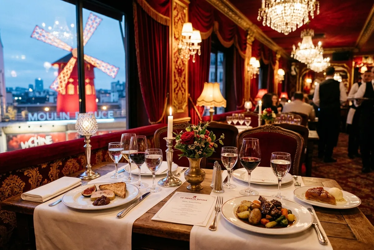 Elegant three-course dinner table set in the Moulin Rouge's Belle Epoque dining room before the show, candlelight and champagne glasses, moulin rouge dinner show evening