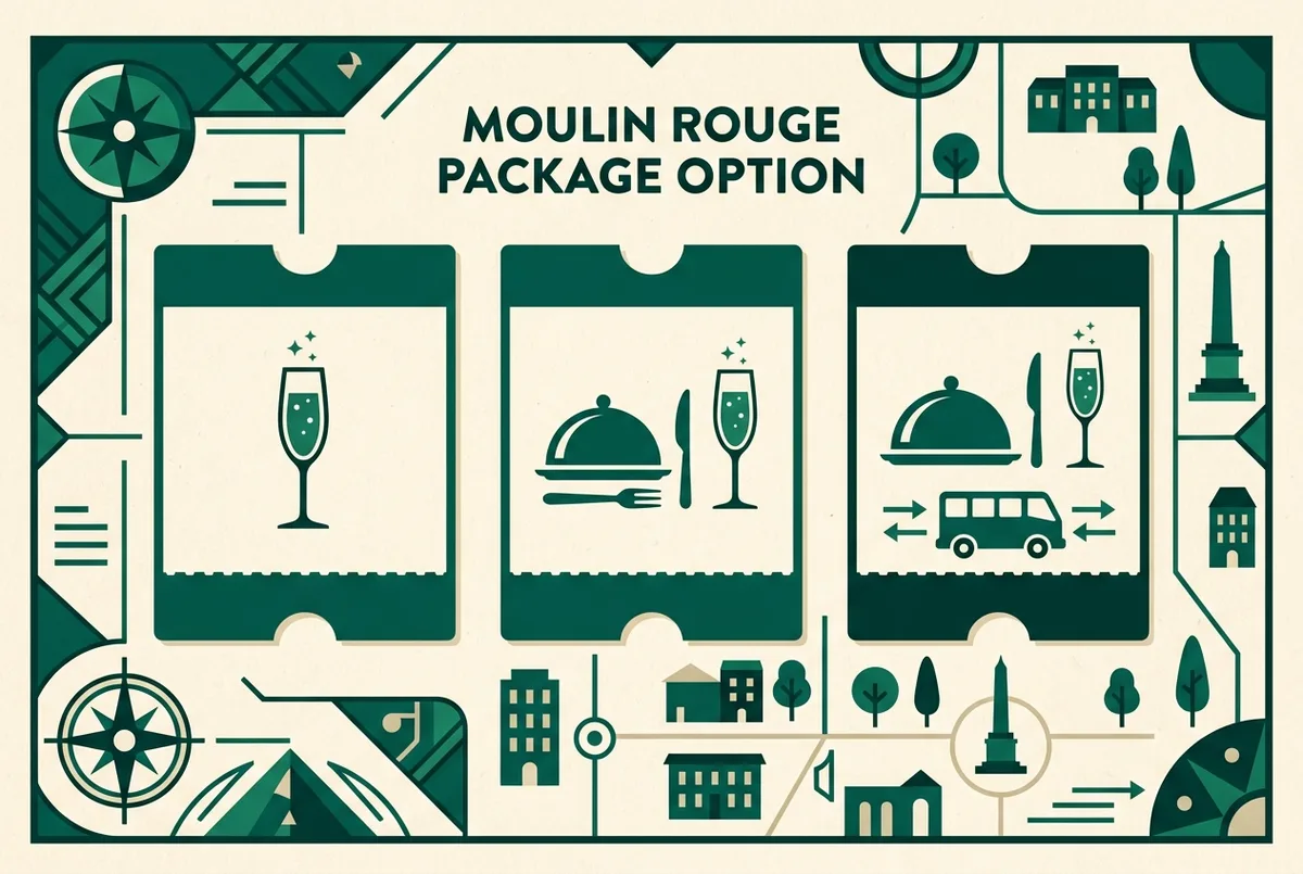 Simple flat-style comparison infographic showing three Moulin Rouge ticket cards side by side, champagne only, dinner show, and dinner show with transport, generic icons only, no prices, moulin rouge dinner show package comparison