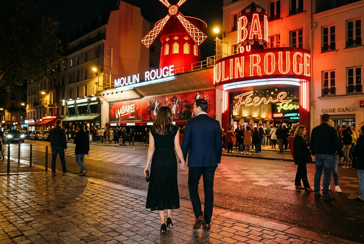 Well-dressed couple in smart casual evening wear walking toward the Moulin Rouge entrance in Paris at night, warm marquee lighting, moulin rouge dress code evening outfit