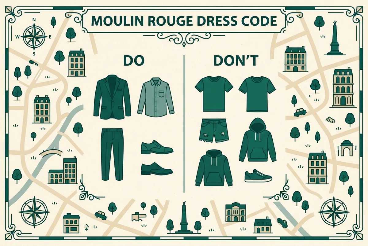 Simple flat-style infographic with two columns, do and don't, showing generic clothing icons for smart casual wear versus shorts and sneakers, no text other than labels, moulin rouge dress code guide