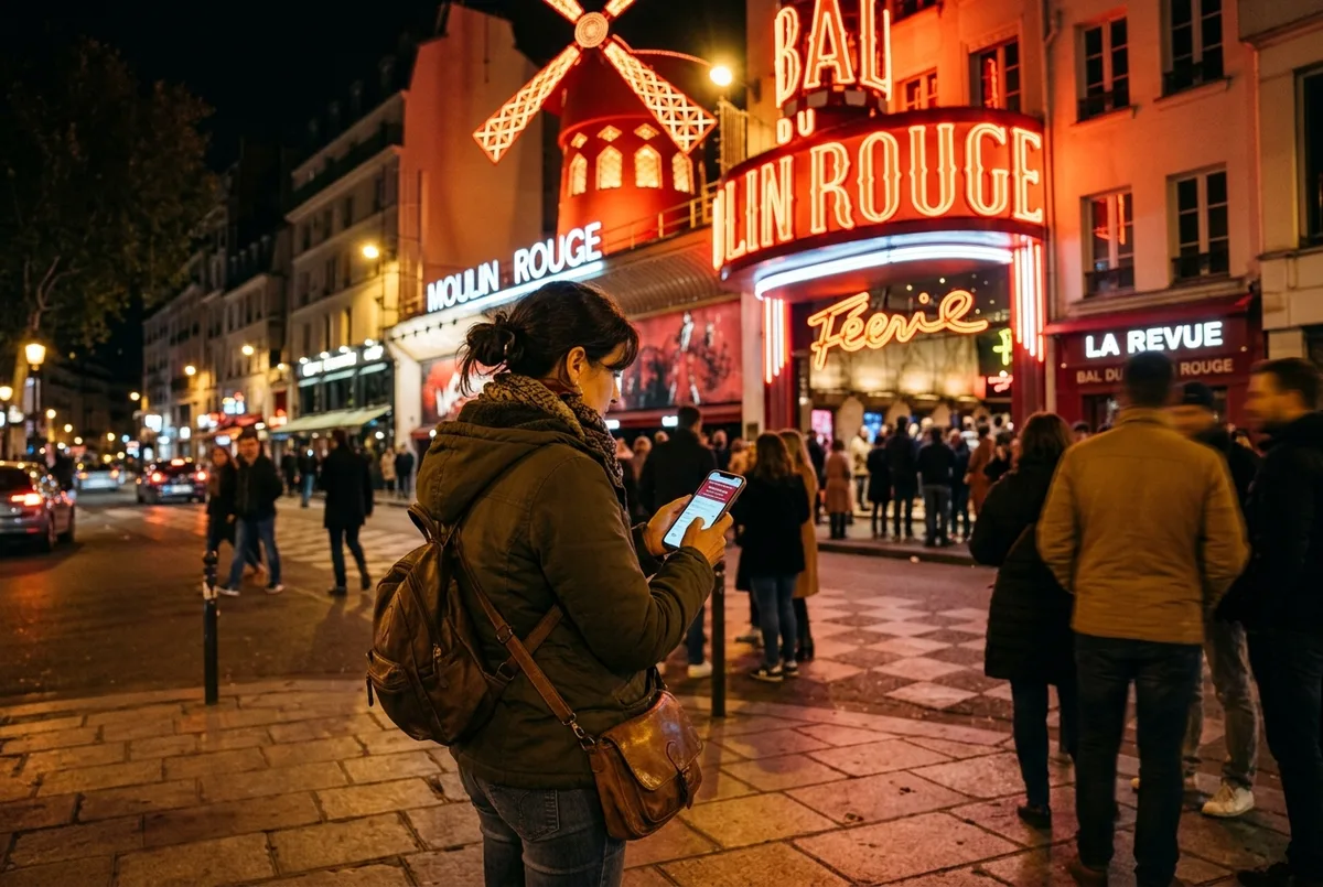 Traveler checking a phone for Moulin Rouge showtime availability outside the illuminated venue entrance in Paris at night, moulin rouge tickets last minute booking