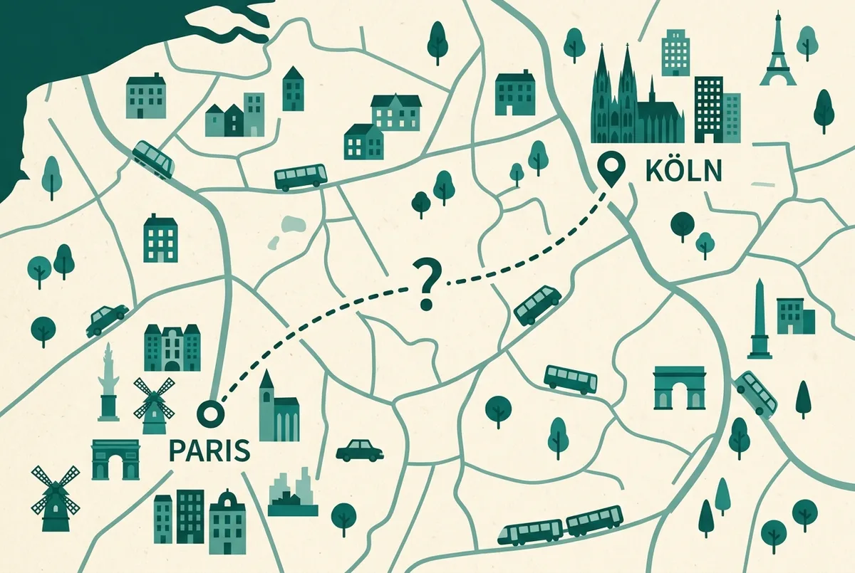Einfache, flach gestaltete Landkarten-Infografik mit zwei markierten Punkten, einer bezeichnet Köln, einer bezeichnet Paris, verbunden durch eine gestrichelte Linie mit Fragezeichen, ohne Preise oder Namen im Bildtext, moulin rouge musical köln versus paris landkarte