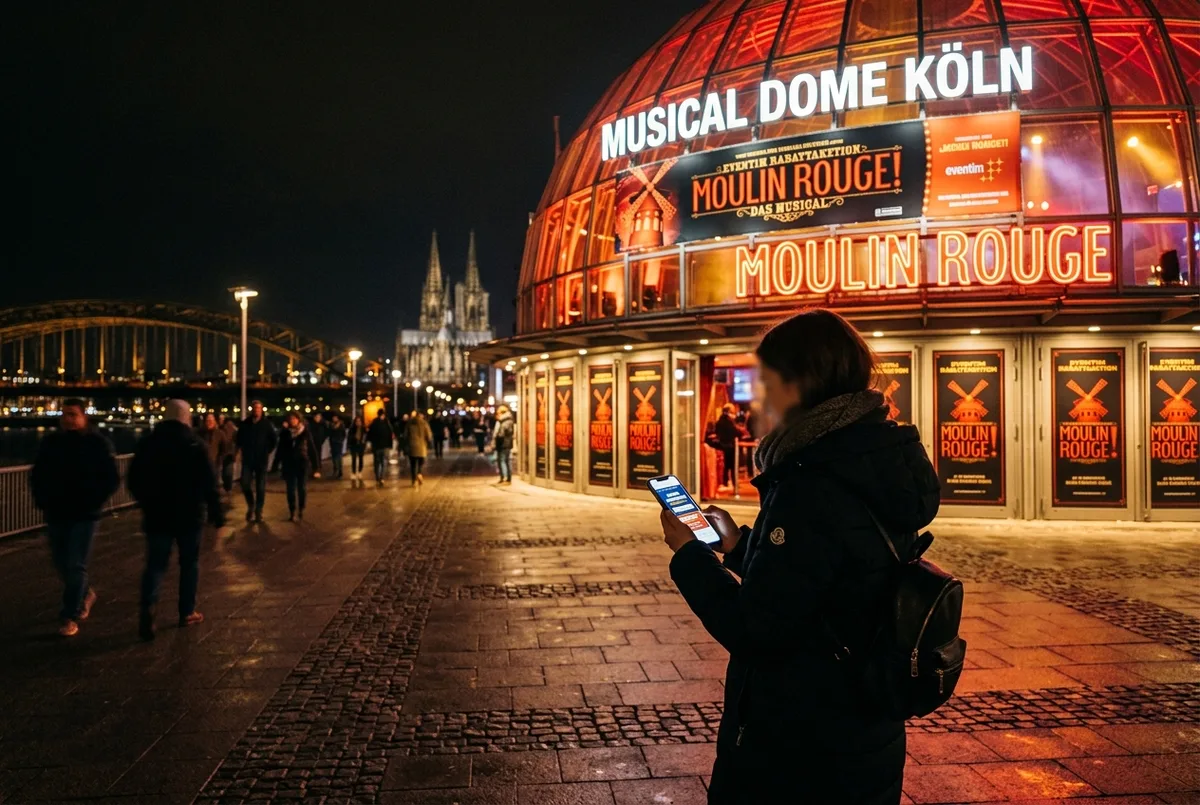 Reisender prüft am Smartphone eine Eventim Rabattaktion vor der beleuchteten Fassade des Musical Dome Köln bei Nacht, warmes Bühnenlicht, moulin rouge musical rabatt stimmungsbild