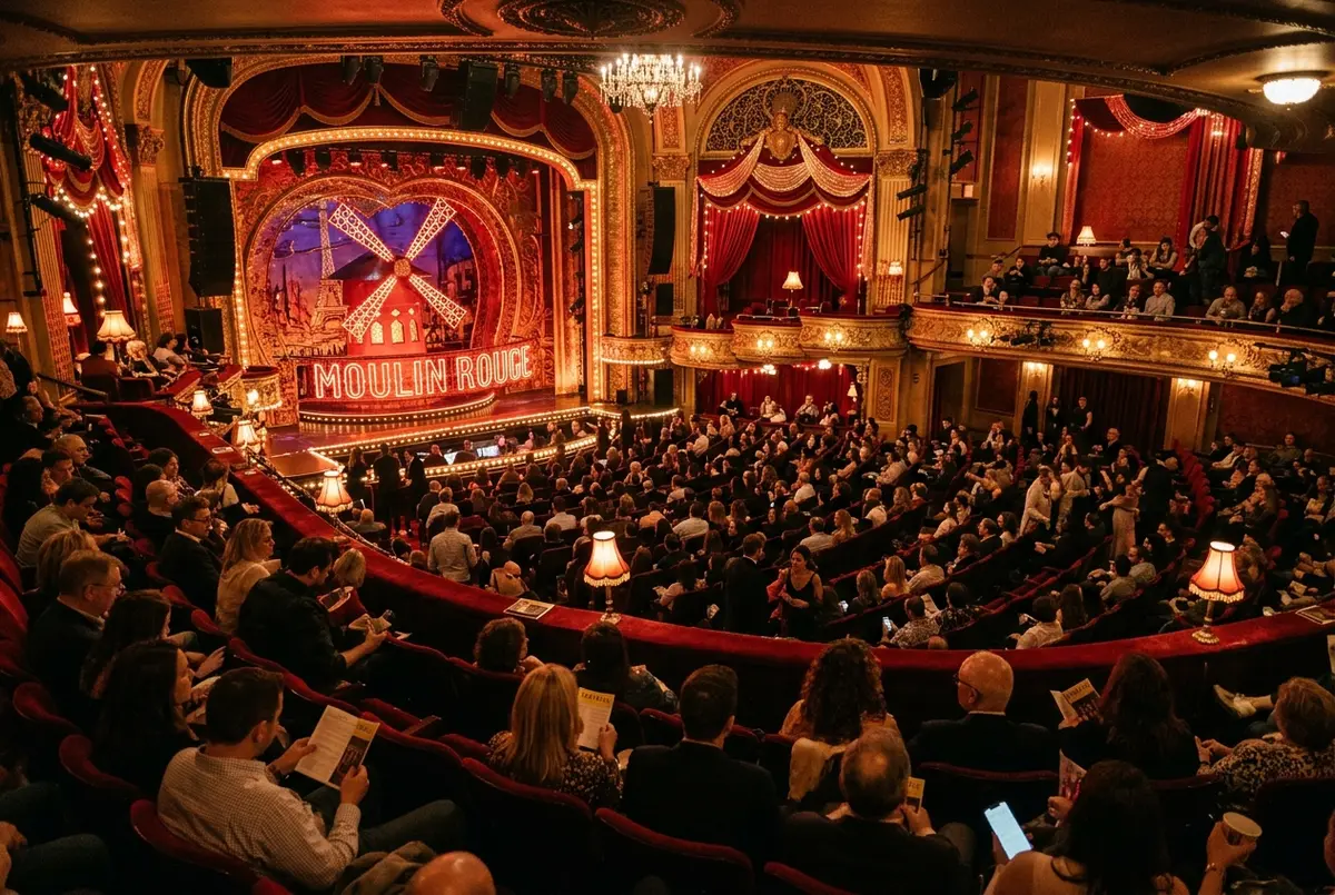 Broadway theater interior decorated as a Parisian cabaret nightclub before curtain, red velvet seats and warm stage lighting, audience settling in, moulin rouge broadway run time evening