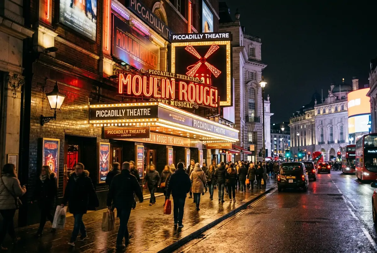 Exterior of a grand West End theater marquee lit up at night on a London street, people walking past under warm lights, moulin rouge piccadilly theatre london evening