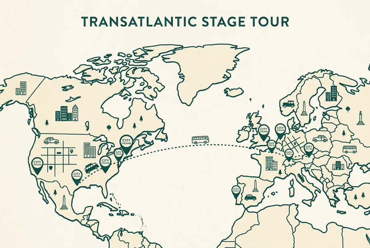 Simple flat-style map-style infographic of North America and Western Europe with a few generic pin markers labeled only city and theater, connected by a dotted touring route line, no names or dates, broadway touring production route concept