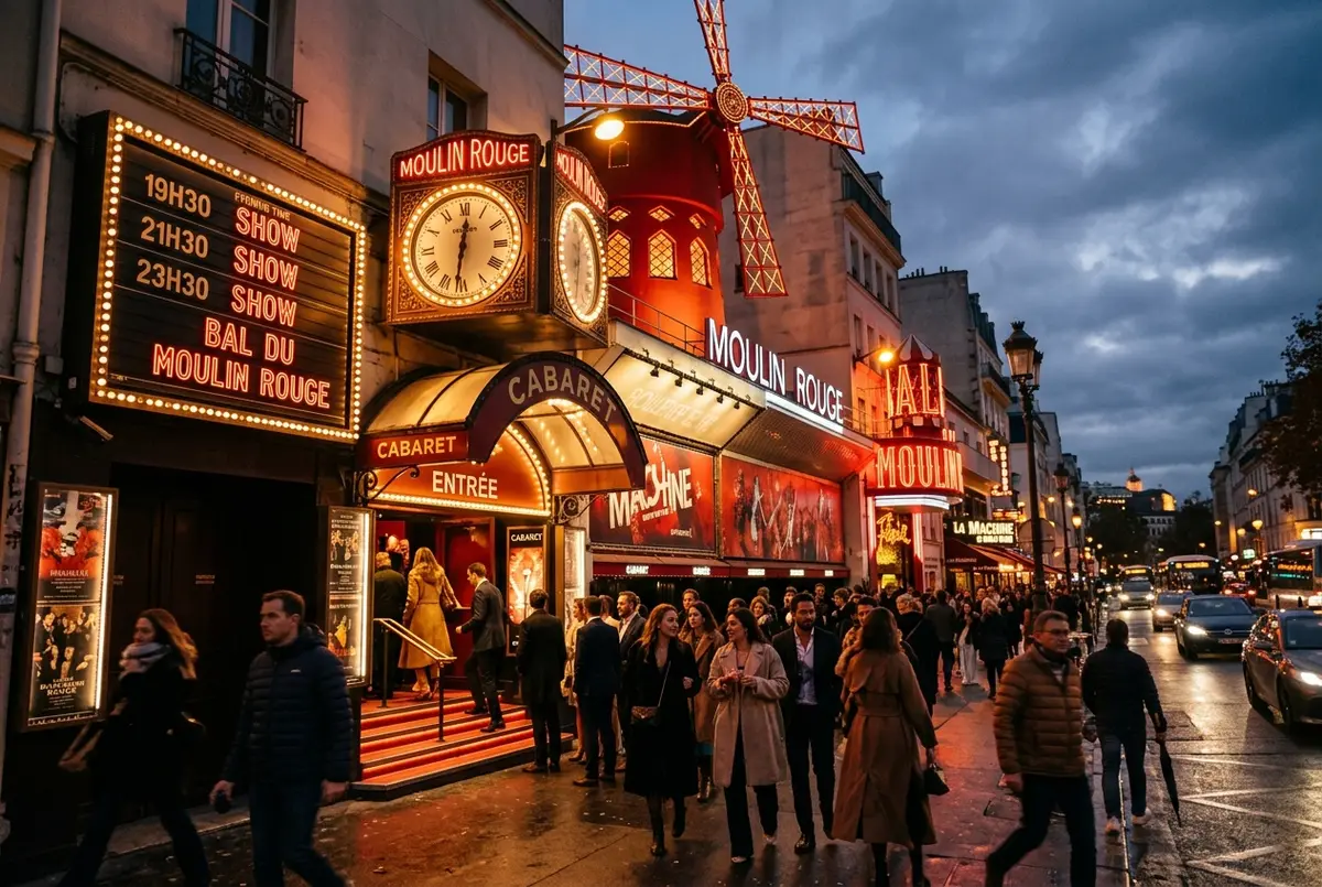 Clock-style evening marquee glowing above the Moulin Rouge entrance in Paris at dusk, guests arriving ahead of showtime, moulin rouge running time evening schedule