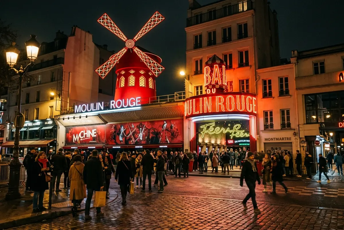 Illuminated red windmill facade of the Moulin Rouge at night in Montmartre Paris, tourists gathering outside under the marquee lights, warm cabaret evening atmosphere, moulin rouge paris night scene