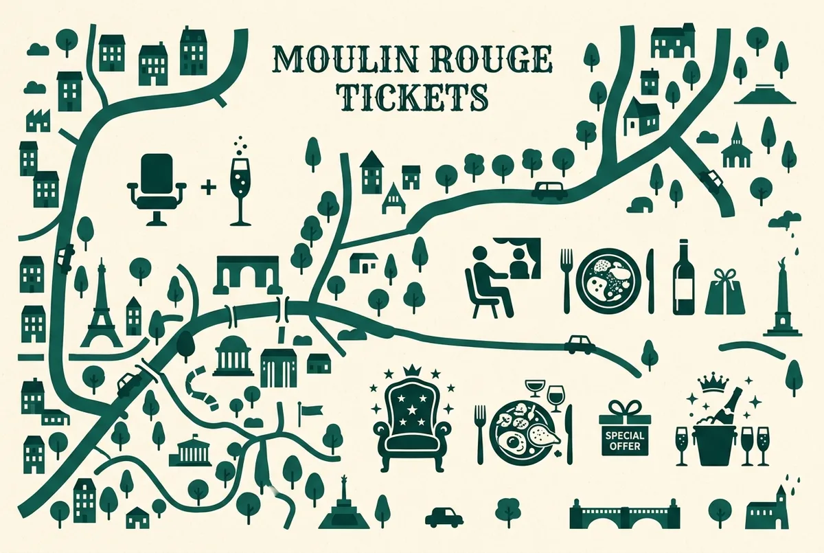 Simple flat-style infographic comparing three Moulin Rouge ticket tiers, show only, dinner show and VIP, with generic icons for champagne, a meal plate and a seat upgrade, no prices or numbers, moulin rouge paris ticket tiers chart
