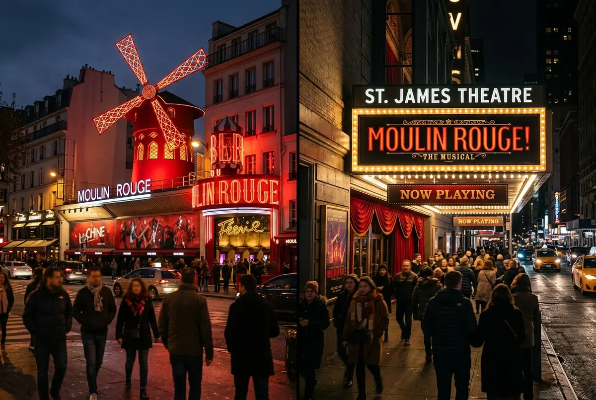 Split scene showing the illuminated red windmill of the Paris Moulin Rouge cabaret on one side and a Broadway theater marquee with red curtains on the other, moulin rouge the musical tickets versus paris show comparison