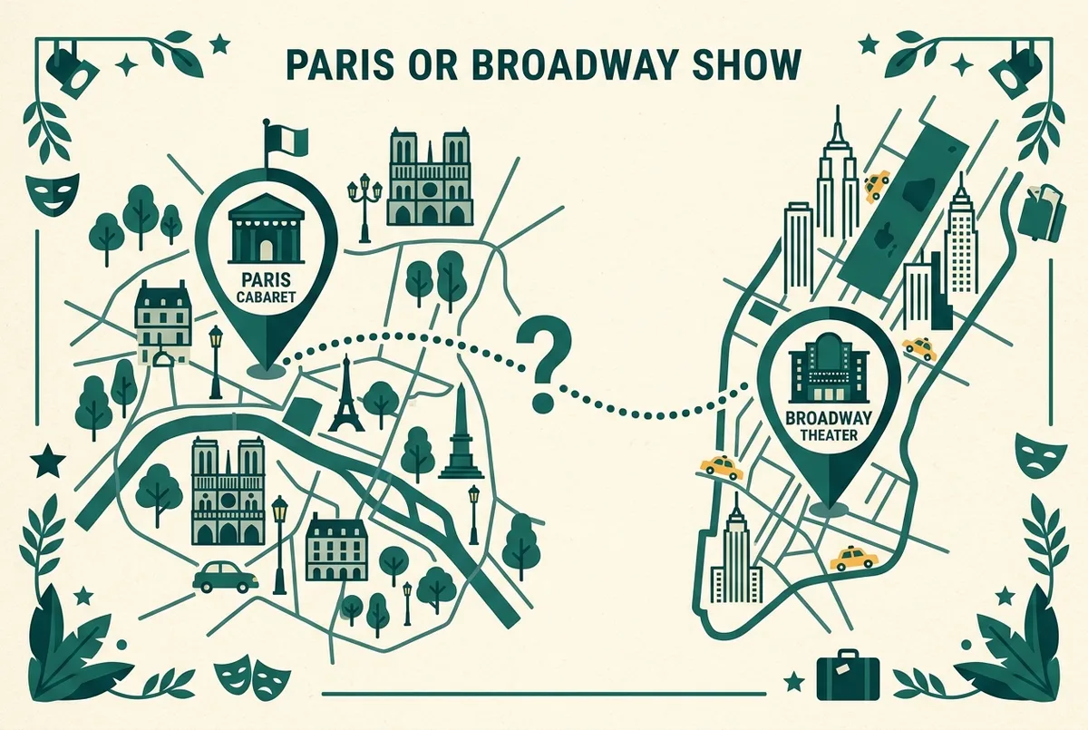 Simple flat-style map-style infographic with two labeled pins, one marked Paris cabaret and one marked Broadway theater, connected by a dotted line with a question mark, generic icons only, no prices or names, moulin rouge the musical versus paris show map
