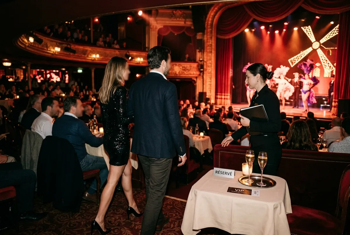 Well-dressed couple being guided to a reserved cabaret table near the stage at the Moulin Rouge, champagne glasses on the table, warm red stage lighting, moulin rouge vip tickets evening