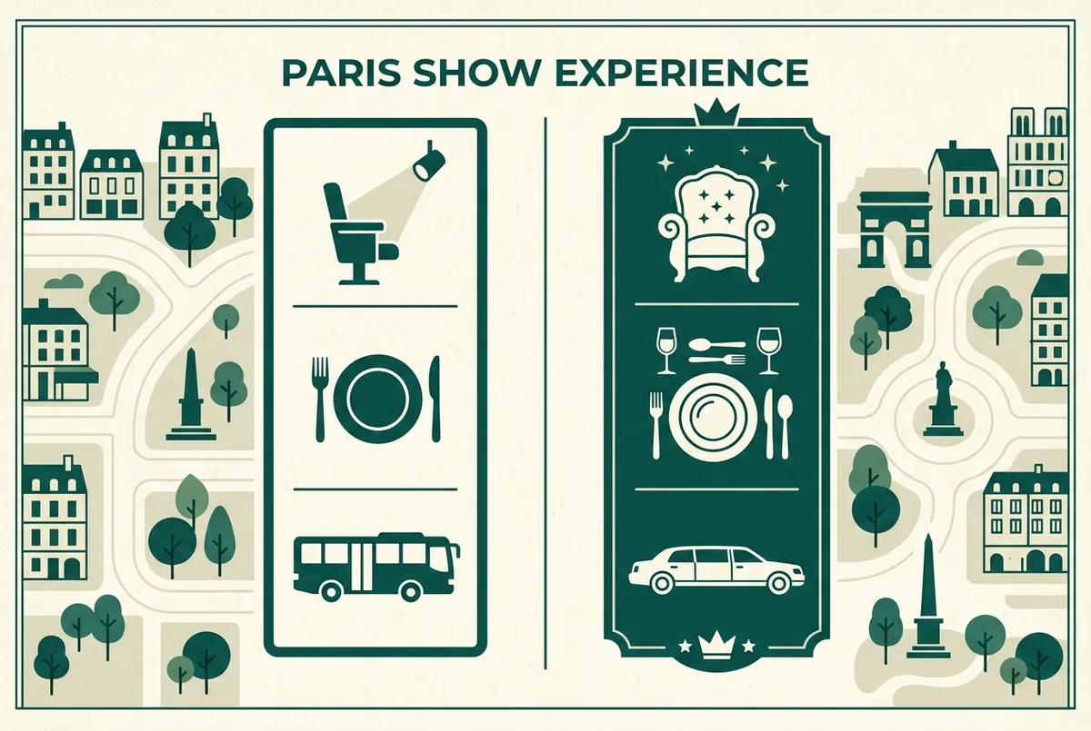 Simple flat-style infographic comparing the standard Moulin Rouge ticket against the top premium package, generic icons for a seat, a meal and a coach, no prices or claims, moulin rouge vip style package comparison