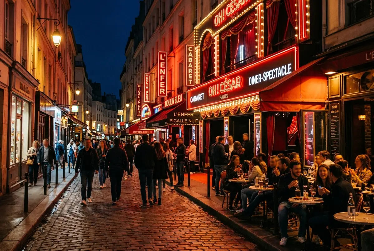 Rue de pigalle paris de nuit avec plusieurs façades de petits cabarets voisines éclairées en néon rouge, passants attablés en terrasse, ambiance de quartier animée, oh césar paris alentours de pigalle