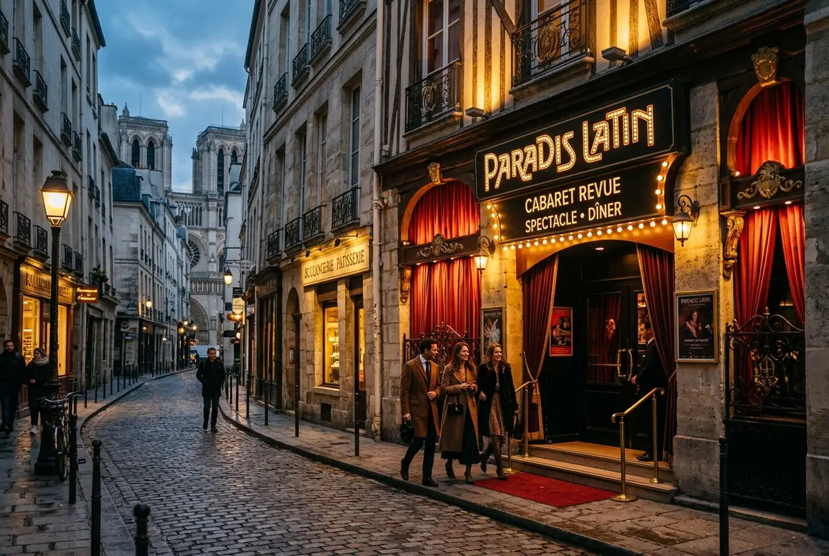 Intimate Left Bank cabaret theater facade lit warmly at dusk near Notre-Dame in Paris, small marquee sign, a few well-dressed guests arriving on a quiet cobbled street, paris paradis latin entrance scene