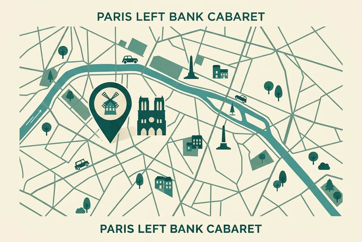 Simple flat-style infographic showing a map pin marking a Left Bank cabaret location near a generic cathedral silhouette in Paris, minimal line-art style, no venue names, prices or statistics in the image text, paris left bank cabaret location map
