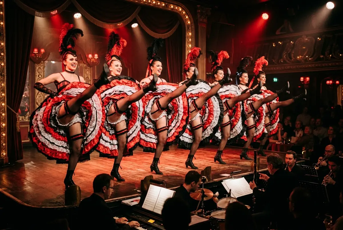 Cancan dancers mid-kick in ruffled skirts and feathers on a red-lit Paris cabaret stage, live orchestra pit visible, classic cabaret show revue atmosphere