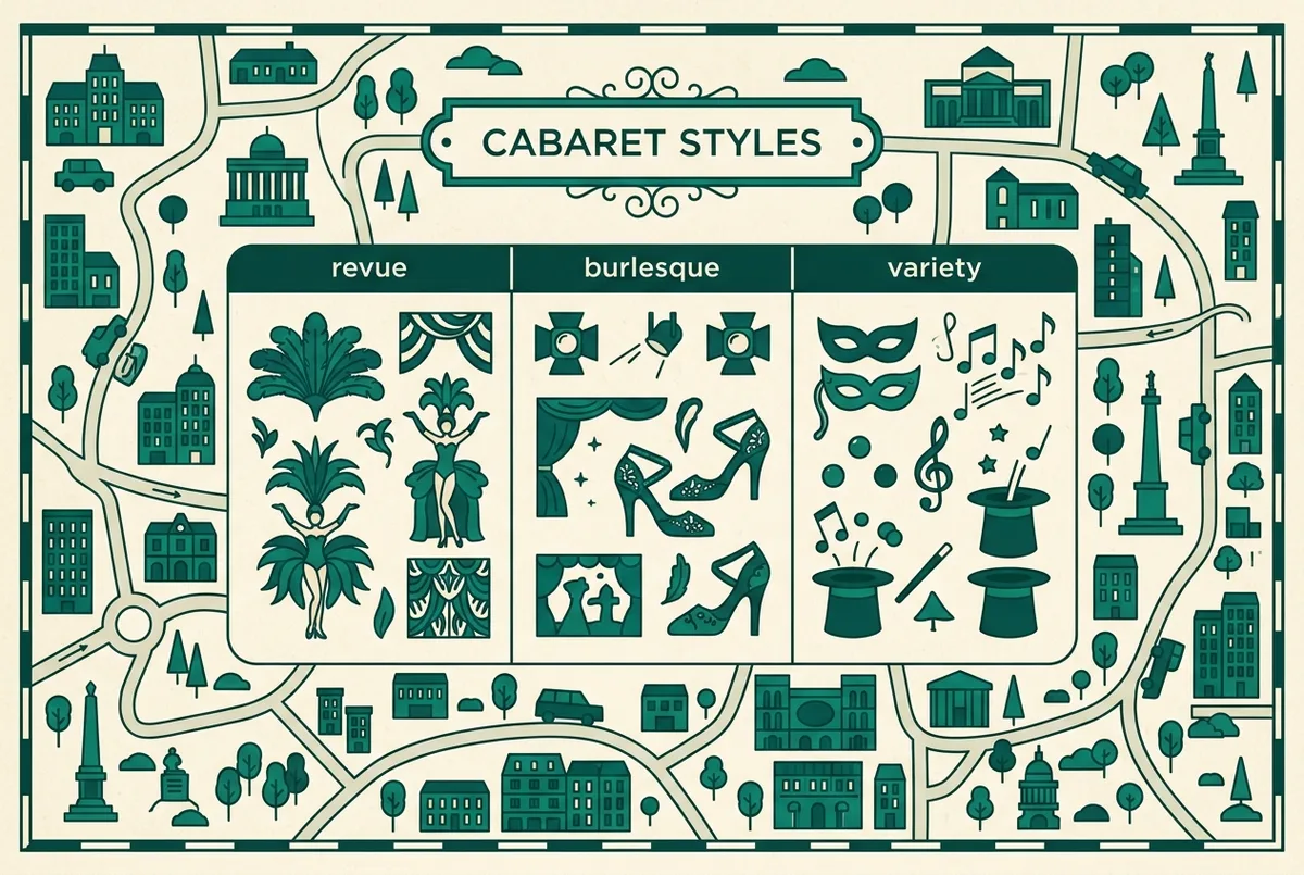 Simple flat-style infographic comparing three cabaret show styles, generic icons for feathers, a spotlight and a dance shoe, labeled only revue, burlesque and variety, no venue names or statistics, cabaret genre comparison chart