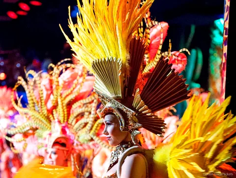 Entrades Moulin Rouge: ballarina amb tocat de plomes daurades i corona en ventall a l'escenari