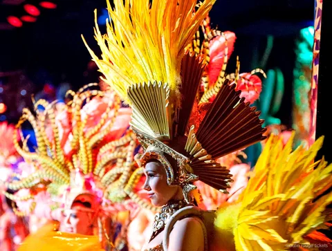 Moulin Rouge biljetter: dansare med guldfärgad fjäderhuvudbonad och solfjäderskrona på scenen